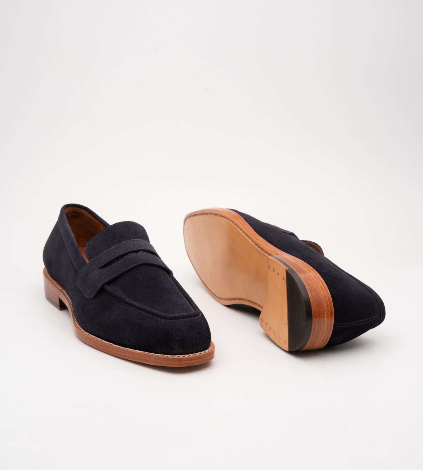 Goodyear Welted Chisel Toe Navy Suede Penny Loafer