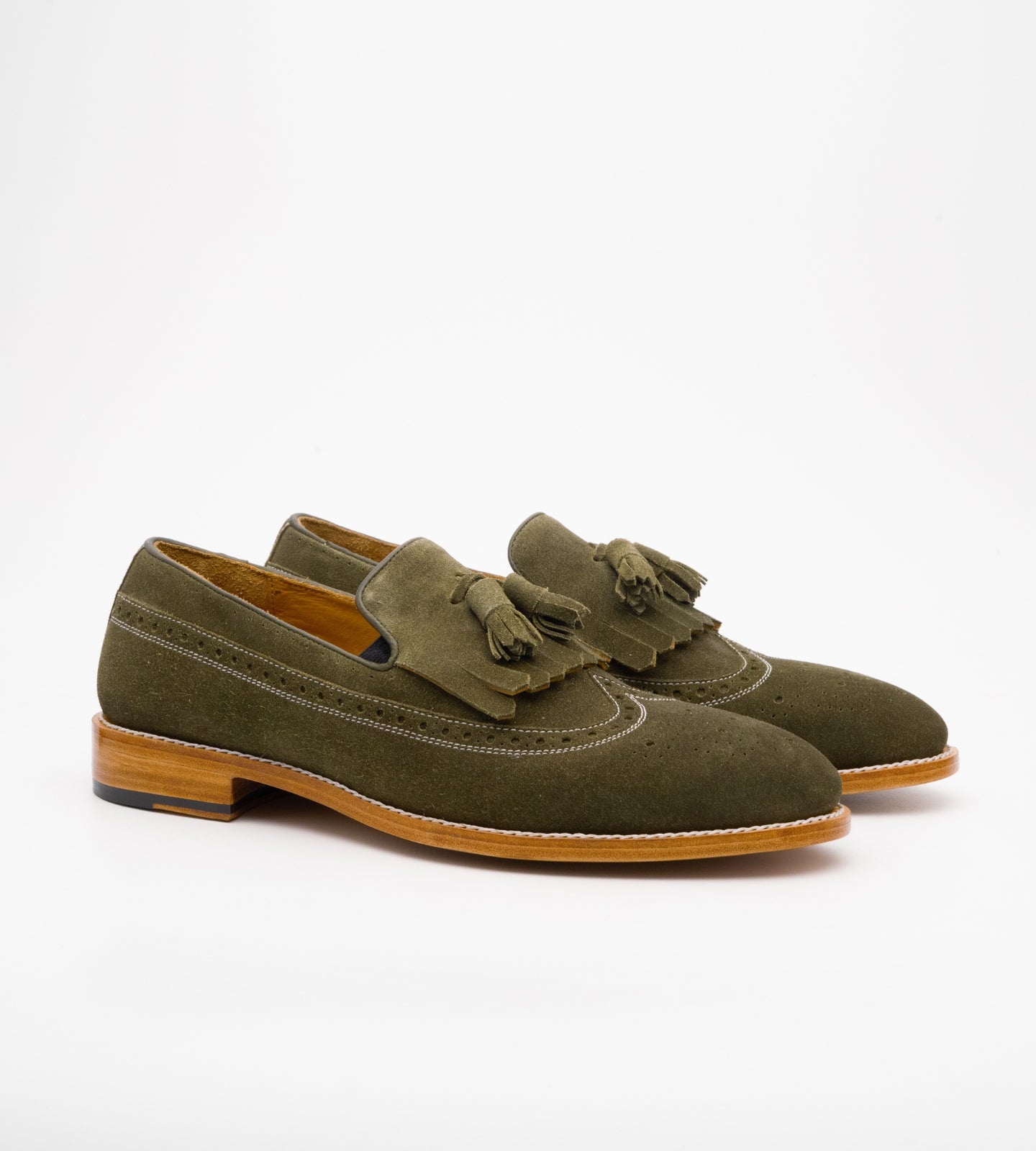 Handwelted Olive Suede Brogue Tassel Loafer