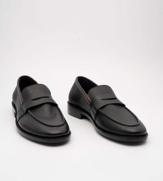 Hand-Welted Unlined Black Milled Leather Penny Loafer