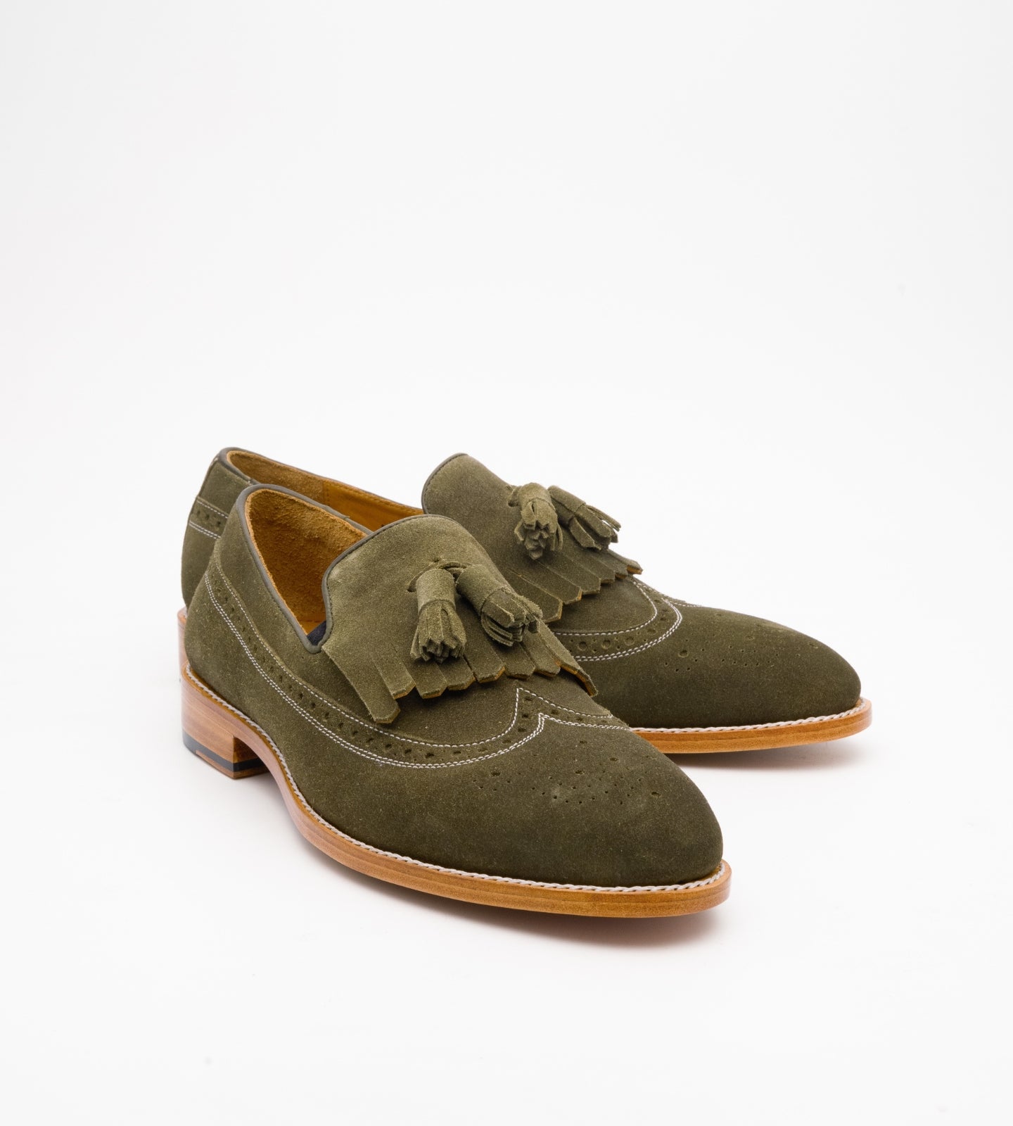 Handwelted Olive Suede Brogue Tassel Loafer