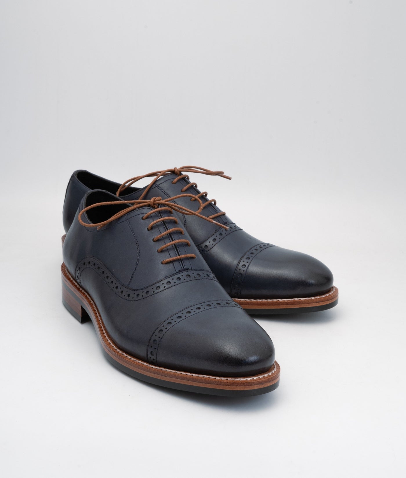 Hand Welted Semi Brogue Navy Captoe Oxfords