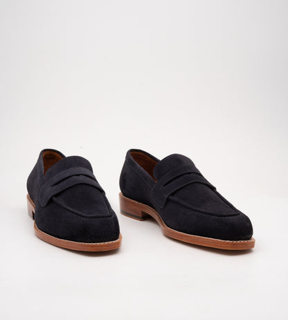 Goodyear Welted Chisel Toe Navy Suede Penny Loafer