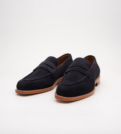 Goodyear Welted Chisel Toe Navy Suede Penny Loafer
