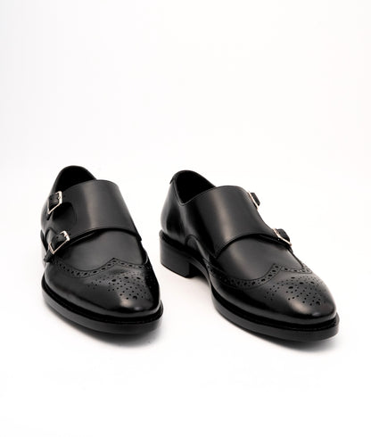 Hand-Welted Black Wingtip Double Monks