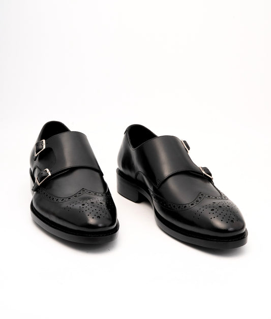 Hand-Welted Black Wingtip Double Monks