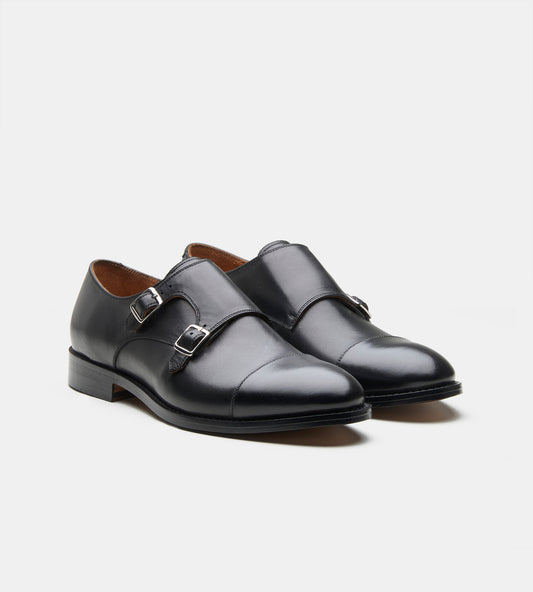 Black Leather Double Monk Strap Shoe 