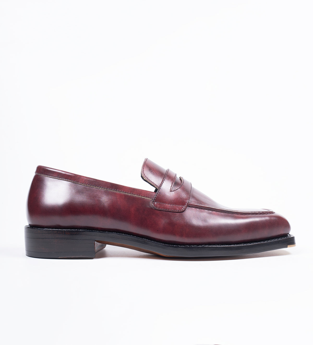 Handwelted Burgundy Museum Calf Chisel Toe Penny Loafer
