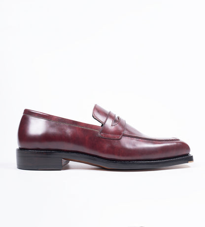 Handwelted Burgundy Museum Calf Chisel Toe Penny Loafer