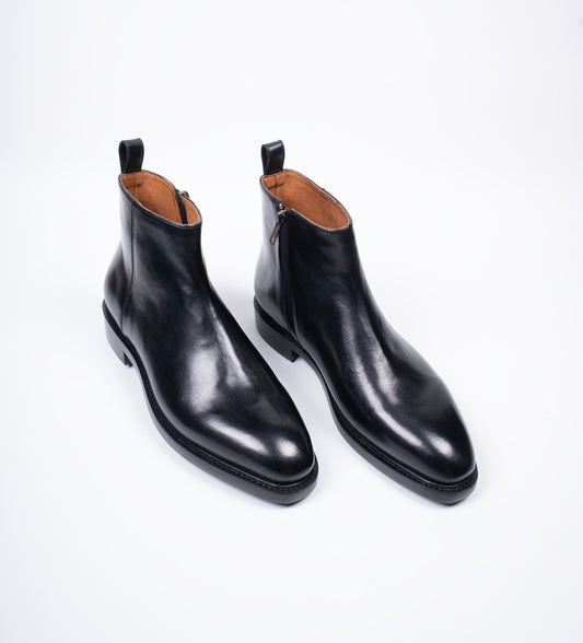 Hand Welted  Black Crust Zipper Chelsea Boot