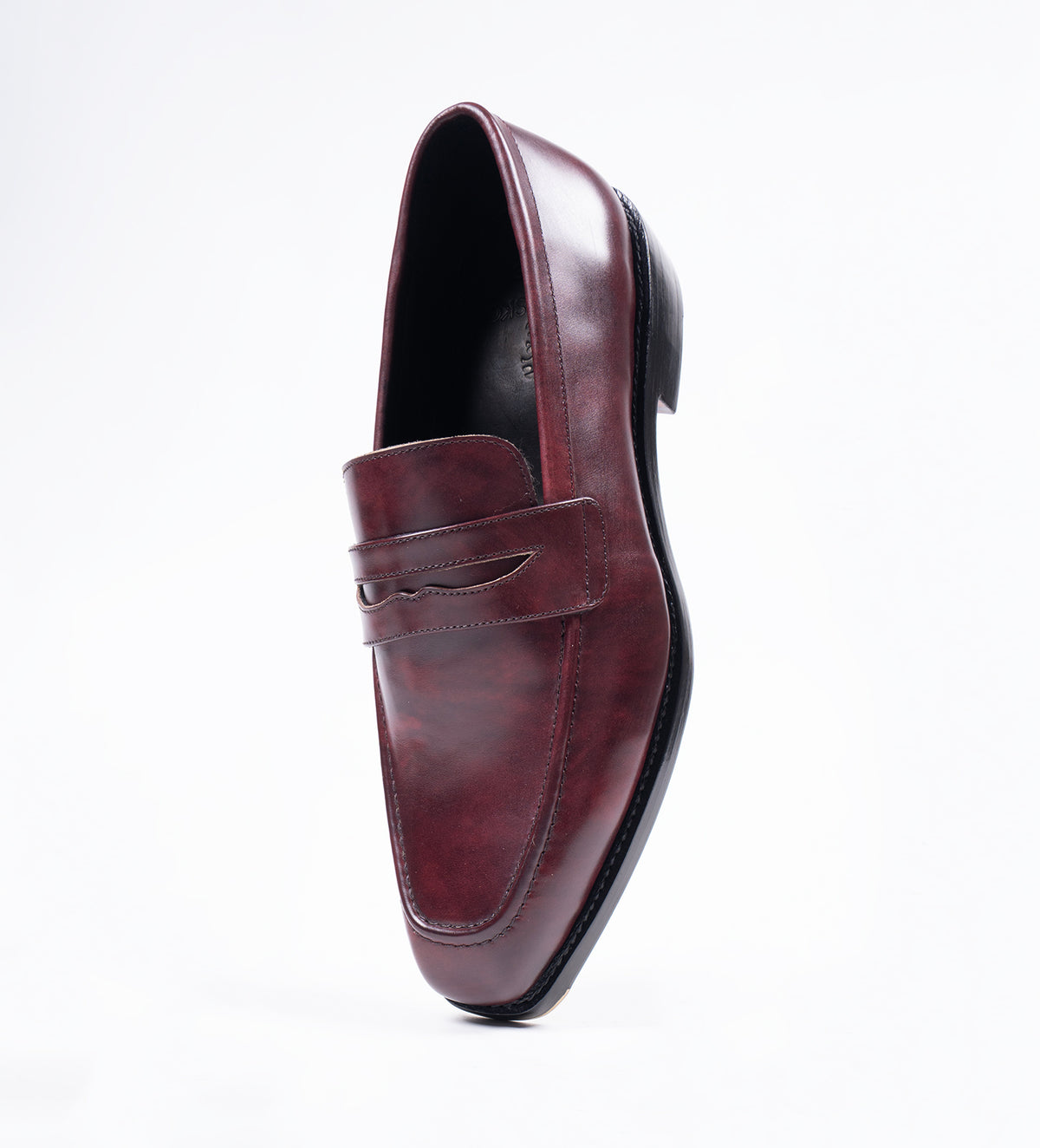 Handwelted Burgundy Museum Calf Chisel Toe Penny Loafer