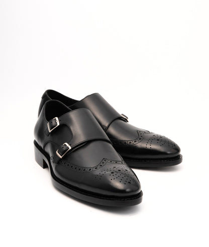 Hand-Welted Black Wingtip Double Monks