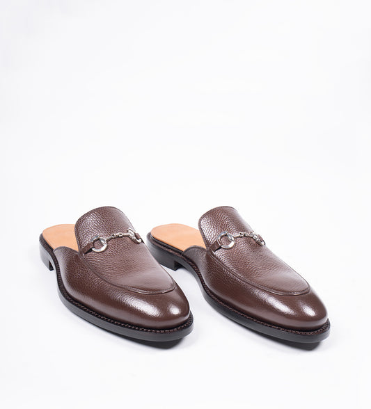 Handwelted Brown Milled Leather Horsebit Mules