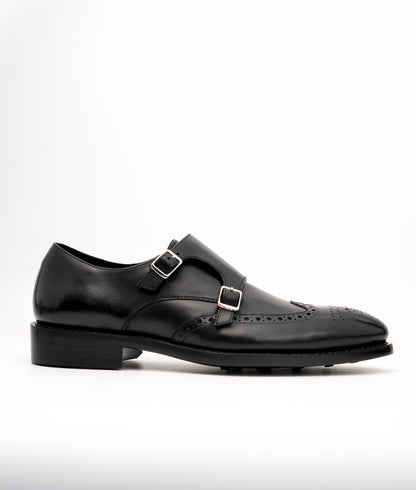 Hand-Welted Black Wingtip Double Monks