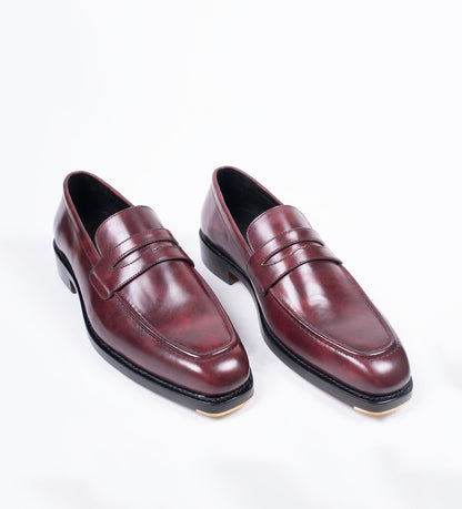 Handwelted Burgundy Museum Calf Chisel Toe Penny Loafer
