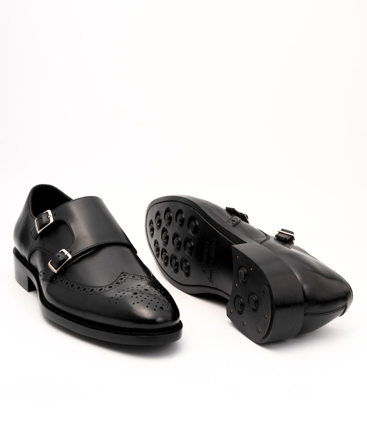 Hand-Welted Black Wingtip Double Monks