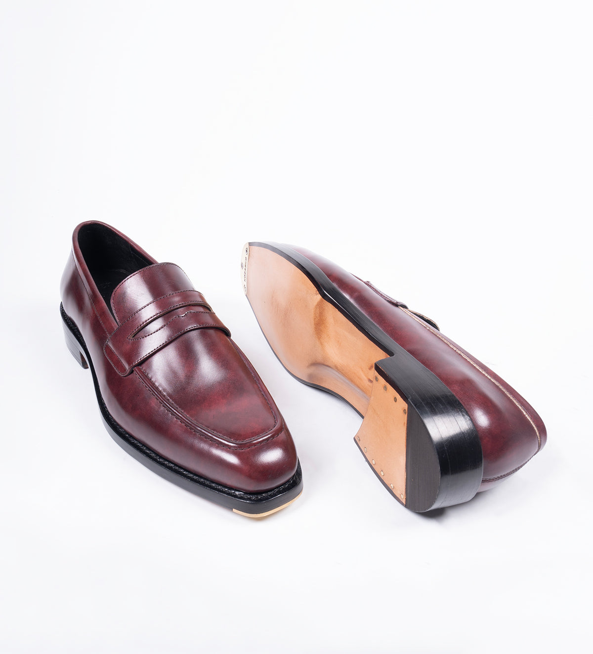 Handwelted Burgundy Museum Calf Chisel Toe Penny Loafer