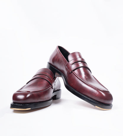 Handwelted Burgundy Museum Calf Chisel Toe Penny Loafer