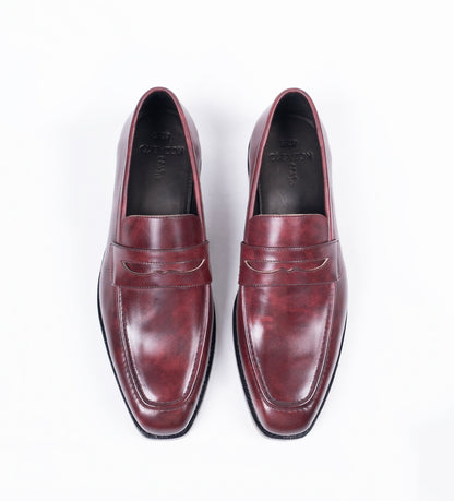 Handwelted Burgundy Museum Calf Chisel Toe Penny Loafer