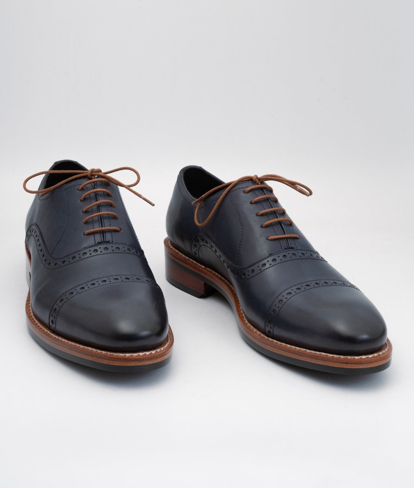 Hand Welted Semi Brogue Navy Captoe Oxfords