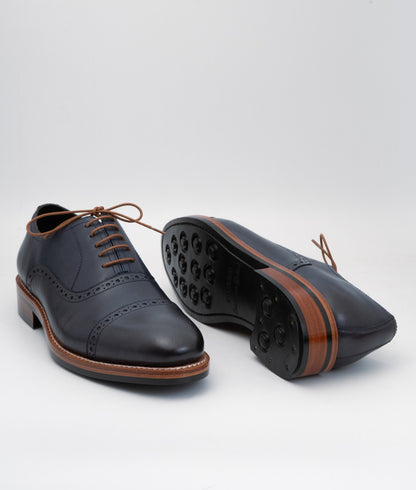Hand Welted Semi Brogue Navy Captoe Oxfords