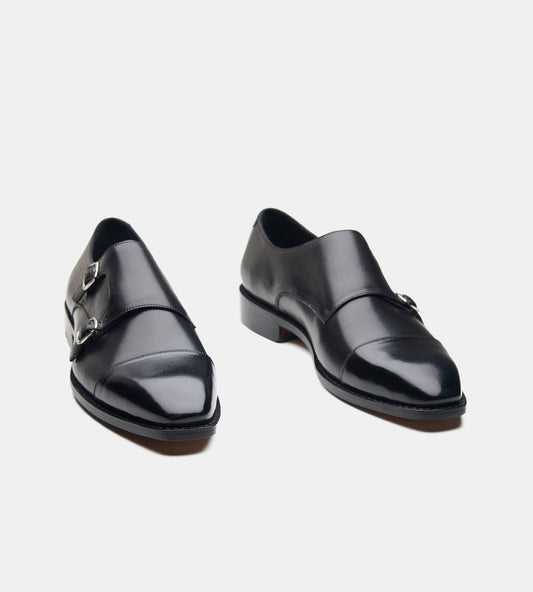 Goodyear Welted Chisel Cap Toe Black Double Strap Monk