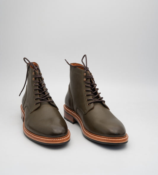 Hand-Welted Full Grain Olive Plain Toe Boot