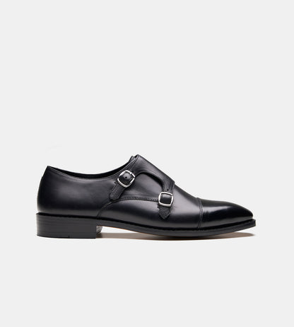 Goodyear Welted Chisel Cap Toe Black Double Strap Monk