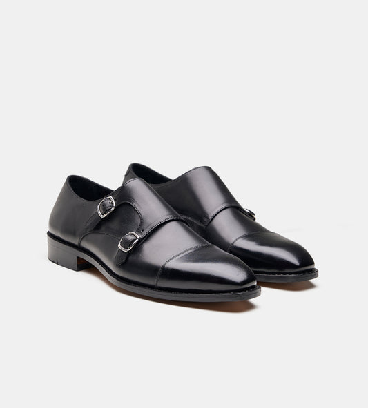 Goodyear Welted Chisel Cap Toe Black Double Strap Monk