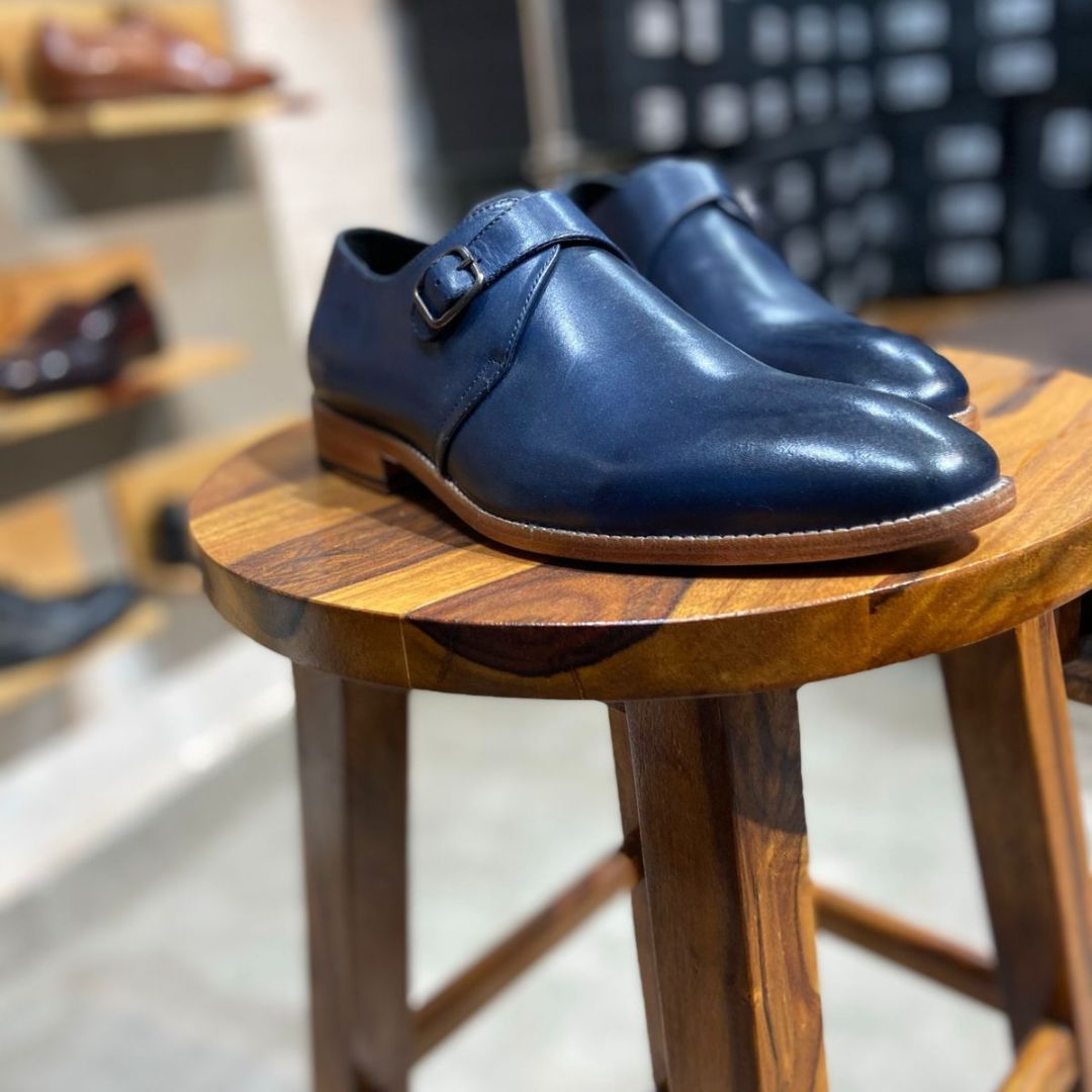 Blake Stitched Navy leather single monk shoes for men
