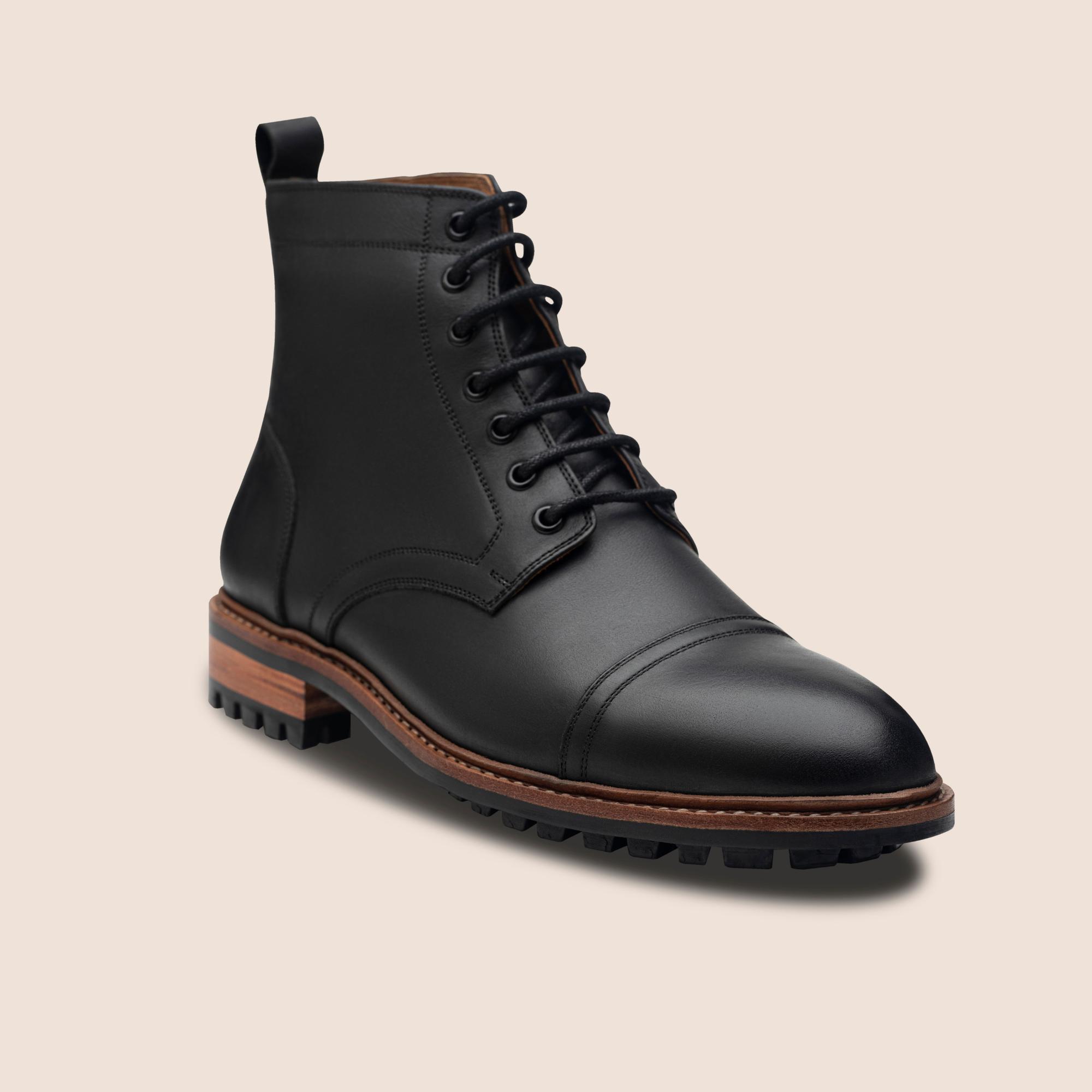 Goodyear Welted black captoe leather boots in oil pull up leather